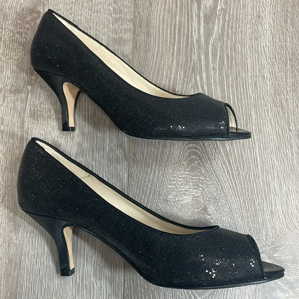 Caparros Black Sparkle Peep Toe Open Toe Pump Heels 8B